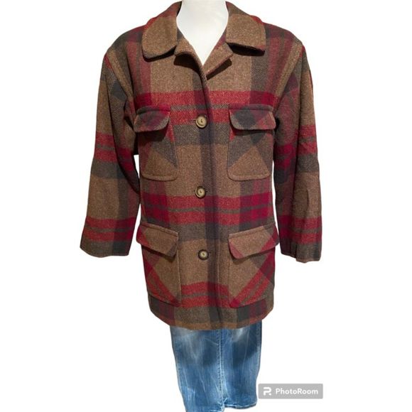 Vintage Eddie Bauer plaid wool blanket coat women's Medium - Picture 1 of 8
